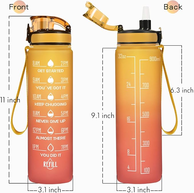 Enerbone Water Bottle, Leakproof BPA & Toxic Free, Motivational Water Bottle with Times to Drink and Straw, Fitness Sports Water Bottle with Strap for Office, Gym, Outdoor Sports