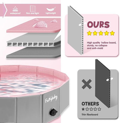 Furrybaby Dog Pool, Kiddie Pool with Hard Plate Collapsible Pet Bath Foldable Swimming Pet Pool Portable Pink 39''