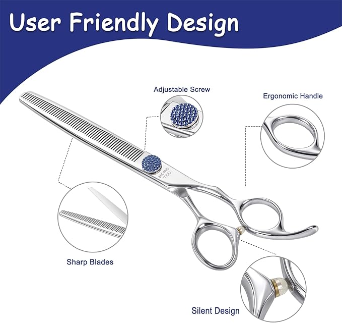 7.5'' Dog Grooming Scissors CNC 440C Blades Sharp and Durable Polished Thinning Dog Shears with Blue Diamond Adustable Screws Easy to Use for Groomer and Home User