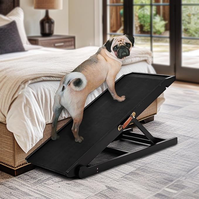 Dog Ramp for Bed, Adjustable Pet Ramps for Dog to Get on Bed, Non-Slip Rubber Surface - Folding Wooden Dog Ramp for Small/Large/Old Dogs, Adjustable up to 19.5 inch High Beds