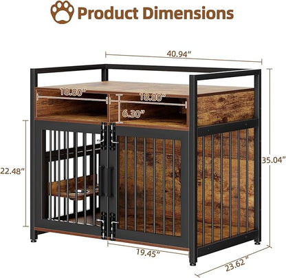 Furniture Style Dog Crate with Storage, 41 Inch Dog Crate Furniture with Double Doors, 2 Stainless Steel Bowls, Dog Crate Furniture-Style Crate for Large/Medium Dog