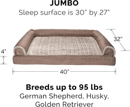 Furhaven Cooling Gel Dog Bed for Large Dogs w/ Removable Bolsters & Washable Cover, For Dogs Up to 95 lbs - Luxe Faux Fur & Performance Linen Sofa - Woodsmoke, Jumbo/XL