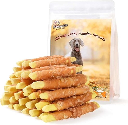 Dog Treats Pumpkin Biscuits Chicken Wrapped, Healthy Chewy Snacks High Fiber Low Fat, Training Treats for Small Medium Large Dogs, 10.6oz