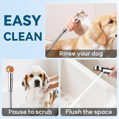 Dog Shower Attachment, 3 Mode Handheld Sprayer with ON/OFF Switch, G1/2" Metal Diverter, 100 Inches Stainless Steel Hose, No Drill Holder, for Pet and Dog Washing in Bathroom