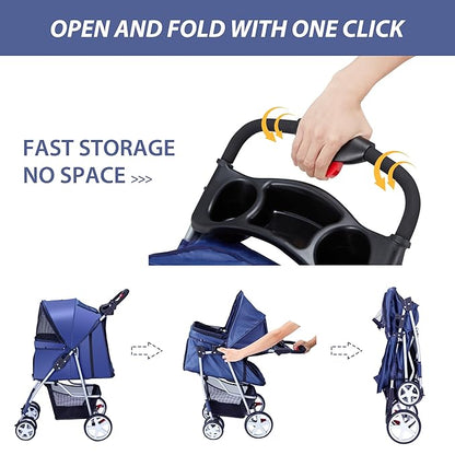 4 Wheels Pet Stroller for Small Medium Dogs Cats 10-33 lbs, Foldable Dog and Cat Stroller with Cup Holder & Storage Basket & Breathable Mesh, Pet Strolling Cart for All-Season, Navy Blue