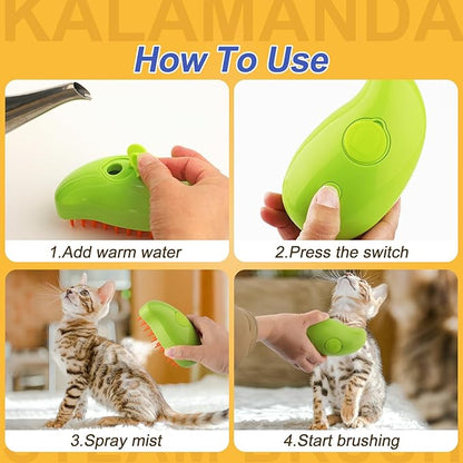 3 in 1 Cat Steamer & Brush - Silicone Massage Grooming Tool, Pet Hair Cleaning Comb for Cats & Dogs (Mango Green)