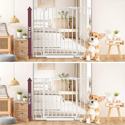 34" Extra Tall Baby Gate for Stairs, Auto Close Stroller Friendly Dog Gate Indoor for Doorways, Pressure Mounted 29"-40" W Baby Gate, Easy Walk Through Gate for Children & Pets, White