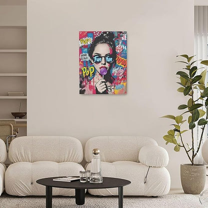 Fashion Women Wall Art Glam Modern Artwork for Girls Banksy Street Graffiti Pop Art Canvas Pictures Painting Print Framed Decorations Gifts for Bedroom Living Room Office 12"x16"