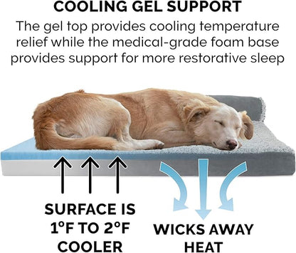 Furhaven Cooling Gel Dog Bed for Large Dogs w/ Removable Bolsters & Washable Cover, For Dogs Up to 125 lbs - Two-Tone Plush Faux Fur & Suede L Shaped Chaise - Stone Gray, Jumbo Plus/XXL