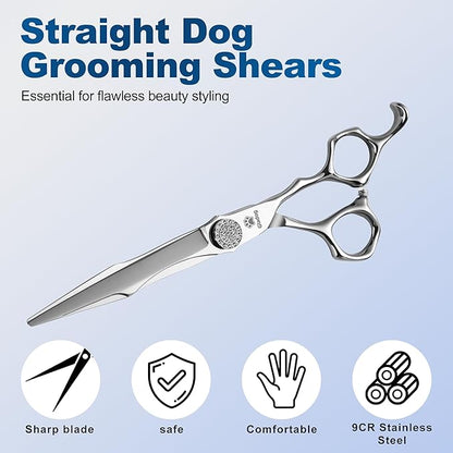GLADOG 7" Premium 9CR Dog Grooming Scissors with Full Diamond Pivot Nut - Professional Straight Dog Scissors for Grooming, Ideal Dog Shears for Precise Trimming, Pet Grooming Scissors, Grooming Shear