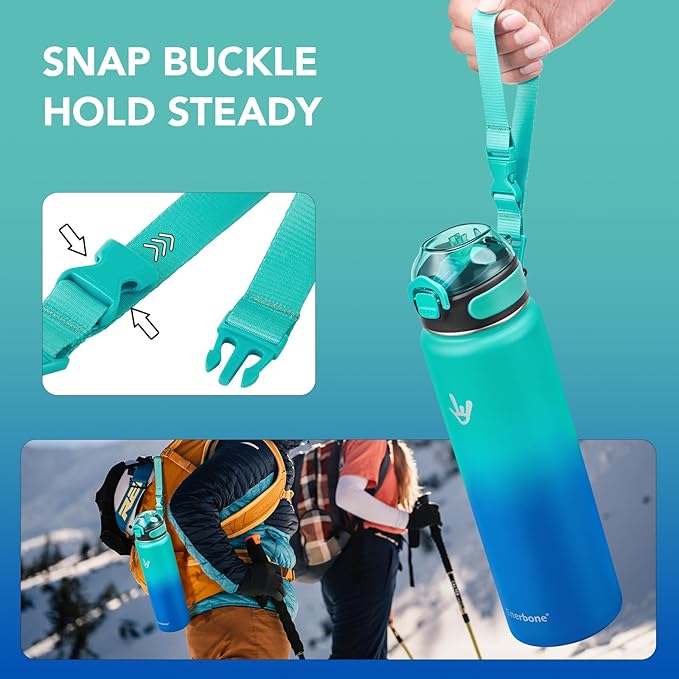 Enerbone 32 oz Insulated Water Bottle, Stainless Steel Bottle with Carrying Strap, Double-Wall Vacuum Insulation Design, Leakproof Sports Bottle with Straw, Keep Drinks Cold or Hot for Hours