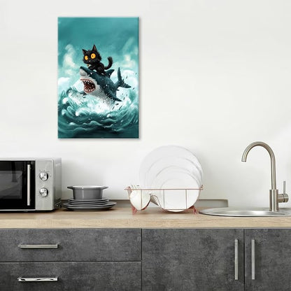 Funny Black Cat Bathroom Wall Art Cute Cat Riding Shark Canvas Wall Decor Animal Kitten Pictures Painting Print Artwork Framed Decorations Gifts for Cat Lover Kids Room Bedroom 16"x24"