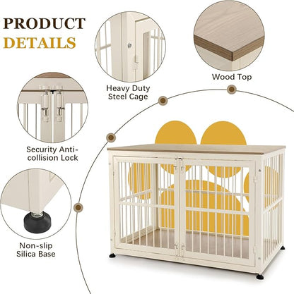 40 Inch Dog Crate Furniture for Large Medium Dogs, Wooden Heavy Duty Dog Kennel with Double Doors, Decorative Pet House Dog Cage Side End Table Indoor, Pet Cage Dog House, Beige