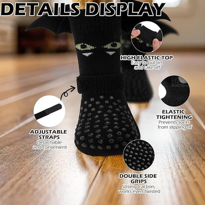 EXPAWLORER Halloween Anti Slip Dog Socks to Prevent Licking Paws, Boots & Paw Protectors with Grippers,Doggie Booties for Hardwood Floors for Small Medium Large Senior Dogs Costume Black Devil Wings M