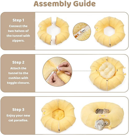 EHEYCIGA Cat Tunnel Bed for Indoor Cats, Cute Cat Donut Toy Tunnel for Small Large Cats with Washable Circle Cushion, Peekaboo Pet Cave Play Tunnel for Kitten, Puppy, Rabbit