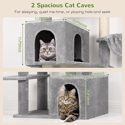 Globlazer Tall Cat Tower, 76 inch Multiple Level Cat Climbers for Indoor Cats, XL Cat Tree with 5 Scratching Posts, 2 Cat Condos, Hammock, 2 Hanging Baskets, F76B, Light Grey