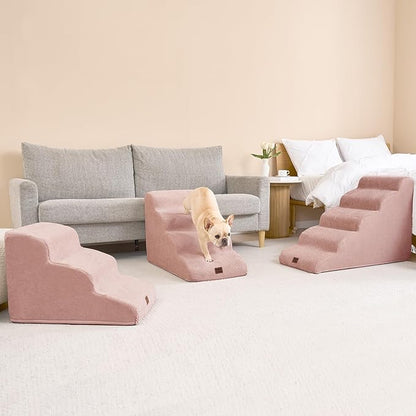 EHEYCIGA Curved Dog Stairs Ramp for Small Dogs 15.7" H, 3-Step Dog Steps for Couch Sofa and Chair, Pet Stairs for Cats, Non-Slip Balanced Pet Steps Indoor, Dusty Pink