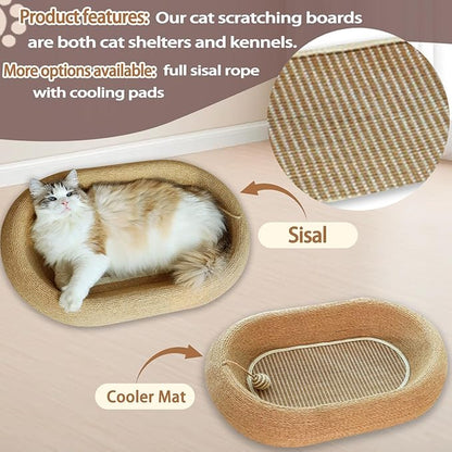 3-in-1 Sisal Scratching Board Bed, for Indoor Cats, Large Oval Cat Scratching Board, Toys for Playing and Nursing Paws (24x15x5 inches) (Large Size, Cat Bed - with Cooling Pad)