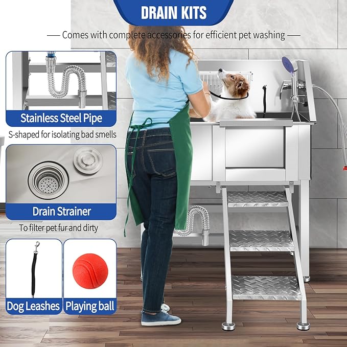 Dog Washing Station 38'' Stainless Steel Pet Grooming Tub for Large Dogs Over-Size Professional Dog Grooming Bathtub Station Wash Shower Sink Pet Grooming Bathtub Station