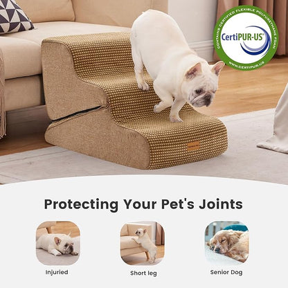 Gardner Pet Dog Stairs for Small Dogs 16.5" H, 2 in 1 Transformable 3-Step Pet Stairs and Dog Ramp for Couch (13-20 in), Brown Adjustable Pet Steps with Non-Slip Waterproof Cover and CertiPUR-US Foam