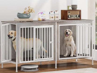 78 Inch Dog Cage Furniture for 2 Large/Medium Dogs with Removable Divider, Extra Large Double Doors Dog Kennel, XXL Thick Wooden Dog cage Furniture, Durable and Sturdy, Beige