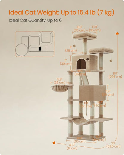 Feandrea Cat Tree, 81.1-Inch Large Cat Tower with 13 Scratching Posts, 2 Perches, 2 Caves, Basket, Hammock, Pompoms, Multi-Level Plush Cat Condo for Indoor Cats, Camel Brown UPCT190K01