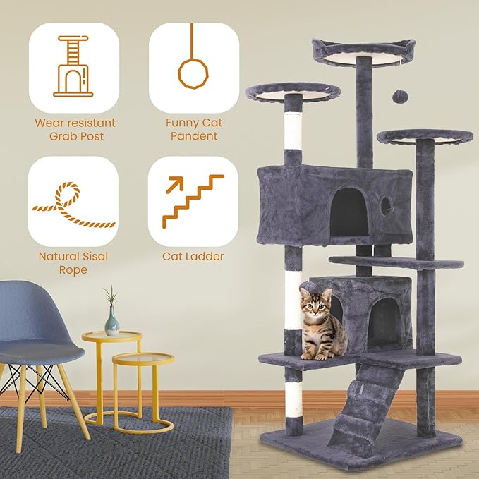54.7 inches Cat Tower for Indoor Cats Multi-Level Cat Condos for Cat Tree Cat Climbing Tower with Scratching Posts, Hanging Toys,Ashy