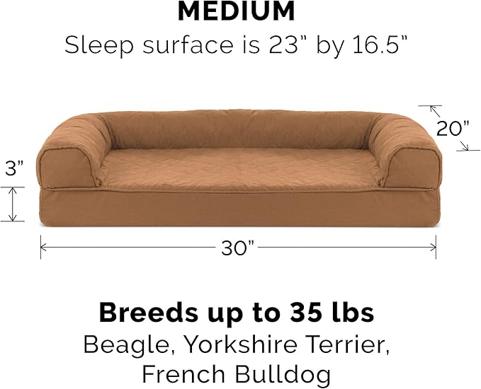 Furhaven Cooling Gel Dog Bed for Medium/Small Dogs w/ Removable Bolsters & Washable Cover, For Dogs Up to 35 lbs - Quilted Sofa - Toasted Brown, Medium