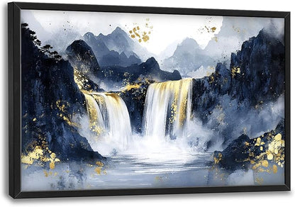 Extra Large Abstract Golden Waterfall Framed Wall Art for Living Room,Oversized Foggy Mountain Pictures Wall Decor,Canvas Print Painting Modern Artwork Bedroom Office Bathroom 36L" x 24W"