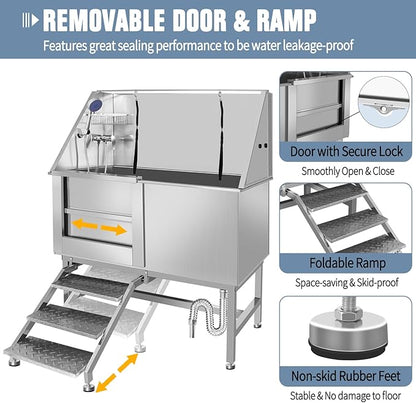 Dog Washing Station 38'' Stainless Steel Pet Grooming Tub for Large Dogs Over-Size Professional Dog Grooming Bathtub Station Wash Shower Sink Pet Grooming Bathtub Station