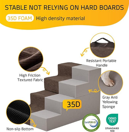 Dog Stairs for Bed, Dog Steps for Bed Couch Sofa, 35D Foam Pet Steps for Small Dogs and Cats, Extra Wide Pet Stairs with Non-Slip Bottom Brown, 3 Steps