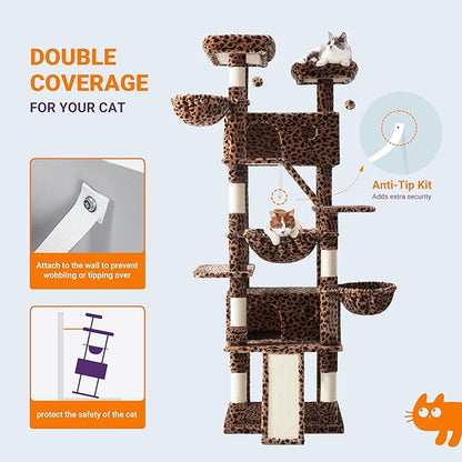 Allewie 81 Inches Tall Cat Tree/Multi-Level Large Climbing Tree House and Towers for Big Feline/Condo and Hammock/Scratching Post/Wide Base/Leopard Print