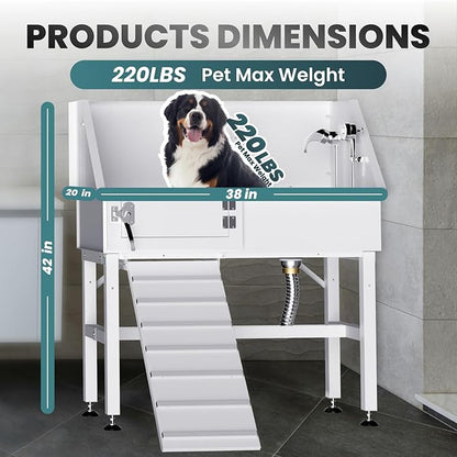 Dog Washing Station for Home, 38" White Professional Stainless Steel Dog Grooming Tub, Height Adjustable Dog Bathing Station, Upgrade Parts, Dog Bath Tubs for Small & Medium Dogs(Left Ramp)