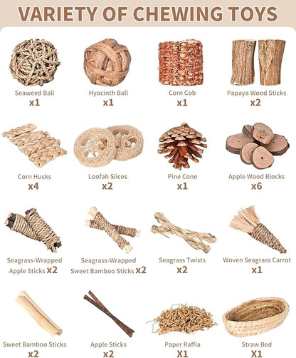 31PCS Rabbit Chew Treat Toys for Teeth Health, Natural Bunny Enrichment Toys for Boredom & Stress Relief, Keep Busy Toys for Guinea Pig Chinchilla Hamster Rat Gerbil Degu Indoor Outdoor