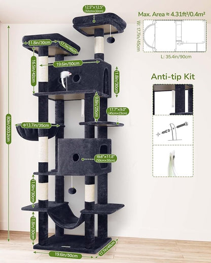 Globlazer Large Cat Tree Tower Condo, 80in Tall Cat Tree for Multiple Indoor Cats Large Adult, XXL Big Cat Climbing Tower with Cat Caves, Sisal Scratching Posts, Top Perches, Hammock, S80B, Dark Gray