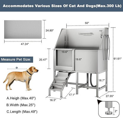 50" Dog Bathtub for Large Dogs, Professional Dog Washing Station with Wash Tub Attachment, Bath Pool for Outdoor, Indoor Shower and Grooming (50" Left Door)