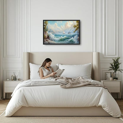 Framed Large Sailboat Wall Art for Living Room, Oversized Sea Coastal Wall Decor Beach Nautical Canvas Painting Seascape Pictures Home Decoration for Living Room Bedroom Office 36"x24"