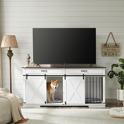 EDYO LIVING 72.5" Large Dog Crate Furniture for 2 Dogs, Wooden Dog Kennel with Drawers, Divider, Sliding Barn Door, Water Resistant Indoor Furniture Style Double Dog Crates, White