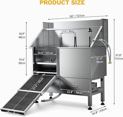 DWVO Professional Dog Bathing Station Stainless Steel 304 Pet Bathtub, 50in Dog Grooming Tub w/Right Door Ramp, 2 Storage Drawers, Grate, Pet Washing Station for Large, Medium, Small Pets