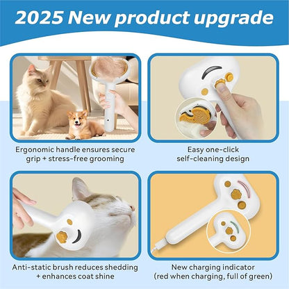 4-in-1 Pet Steam Brush for Dog & cat brush for shedding，Spray Hair Removal Comb with Waterless Shampoo–Self-Cleaning Pet Grooming Tool for Shedding, Anti-Static & Skin-Friendly Design