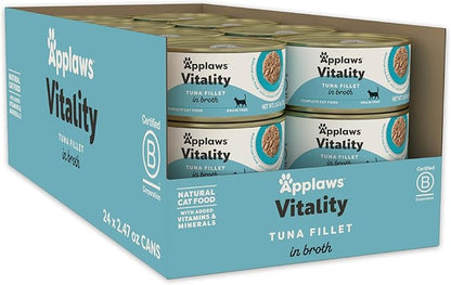 Applaws Vitality Wet Cat Food in Broth, Natural Canned Cat Food, Wet Food for Cats with Added Vitamins and Minerals, Grain Free, Carrageenan Free, Tuna Fillet in Broth (24 Count, 2.47 oz Cans)