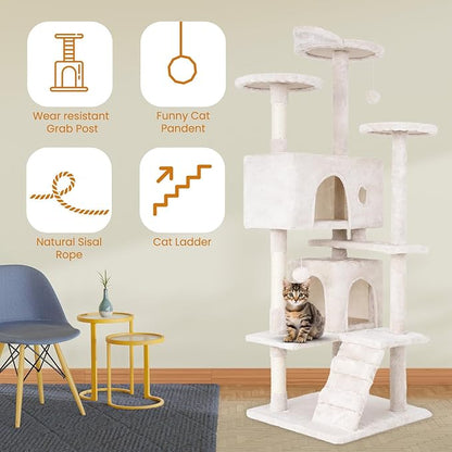 54.7 inches Cat Tower for Indoor Cats, Multi-Level Cat Condos with Scratching Posts, Hanging Toys, Beige