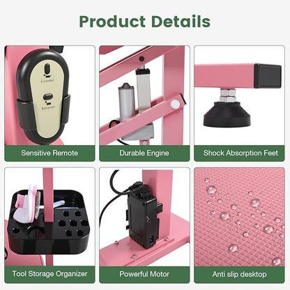 Electric Hydraulic Lift Pet Dog Grooming Table, 24Inch Grooming Desktop for Small Dogs, with Overhead Arm, Wireless Remote, Tool Organizer, Pink
