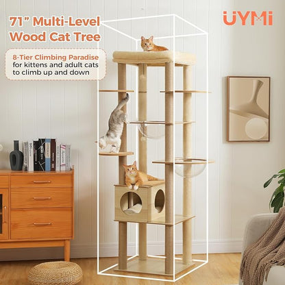 71" Tall Wood Cat Tree for Large Cats, Modern Cat Tower with 2 Acrylic Bowls, Large Top Perch, Spacious Cat Cave (Soft Cushion Included), 10 Sisal Scratching Posts and Non-Slip Jump Platforms