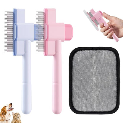 2PCS Flea Comb for Cats and Dogs with Pet Hair Remover Glove, Self Cleaning Pet Flea Cat Grooming Brush with Release Button for Massaging and Cleaning Shedding Pets Hairs