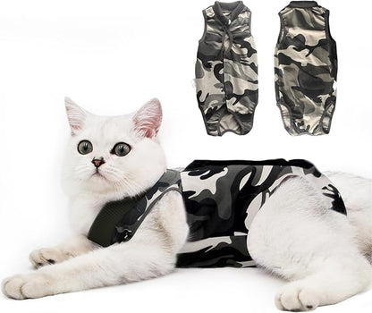 DOTON Cat Recovery Suit for Male and Female Surgical Post Surgery Soft Cone Onesie Shirt Clothes Neuter Licking Protective Diapers Outfit Cover Kitten Spay Collar(S, Camouflage)