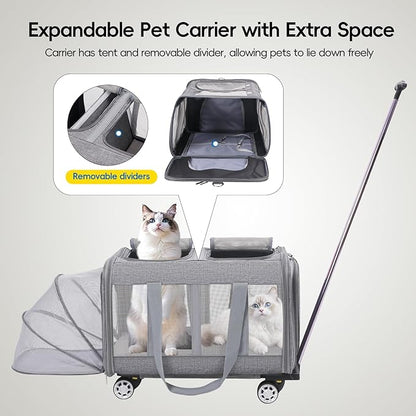 Expandable Pet Carrier with Wheels, Double Cat Dog Carrier 21"x 17"x 16" up to 40 Lbs, Rolling Pet Carrier for Cats and Dogs, Extra Large Pet Travel Carrier, Ideal for Outdoor/Travel