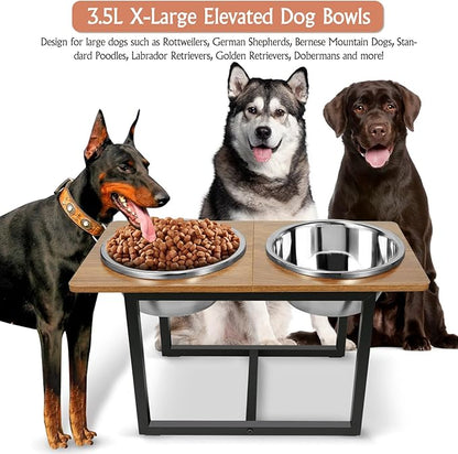 Elevated Dog Bowls for Large Dogs, Raised Dog Bowl Stand with Two X-Large Stainless Steel Bowls for Dogs, 3.5L Capacity, Rustic Walnut