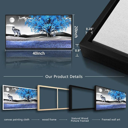 Framed Canvas Wall Art For Living Room Family Wall Decorations For Bedroom Modern Office Wall Decor Paintings Blue Tree Landscape Pictures Artwork Canvas Art Prints Home Decor Black Frame 20" X 40"