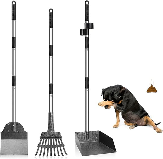 Dog Pooper Scooper, Adjustable Handle Poop Scooper with Tray,Rake and Spade Set of 3, Steel Stainless Poop Scoop for Small Medium Dogs and Pet Waste on Grass, Dirt and Gravel (Medium Size)